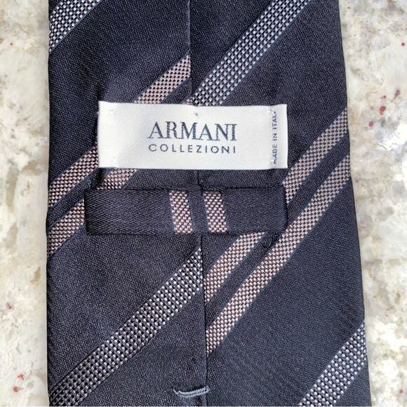 Giorgio Armani Men’s Silk Designer Tie Black Gray Tan Diagonal Stripe EUC - Picture 6 of 8